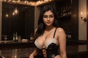 There a woman young beautiful.
Indian woman, face features like Mrunal Thakur,(whitish skin colour), wearing Intricately detailed sexy black body hugging corset top, beautiful eyes, (detailed straight hair with hairs in front), slight makeup, firm medium breasts, (glasses with wide frame), confident smile, confident pose, standing against bar counter with wine glass in hand, photorealistic,night club, realistic detailed background, ((full body realistic photograph)),