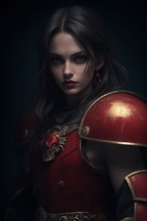 A woman. Upper body shots, Semi-realistic, perfect body parts. 

red warrior, battle armour, the warhammer range, person, space marine, warhammer, warhammer 40k, in the style of gothic dark and moody tones, uhd image, captivating, emotional imagery, solarization effect, red and gold, large canvas sizes, chiaroscuro portraitures, horror \(theme\)

,Decora_SWstyle