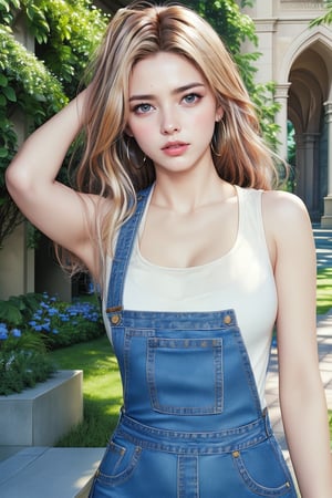 This image exhibits a hyper-realistic digital art style. The composition centers on a youthful figure with striking blue eyes and blonde hair, gazing directly at the viewer with an intense expression. She wears a denim overall dress over a white top, with medium hoop earrings as accessories. Her arm is raised behind her head, creating a candid and engaging posture. The background includes greenery on the left and architectural elements on the right, suggesting an outdoor urban setting with strong sunlight casting distinct shadows, adding depth and vibrancy to the scene.