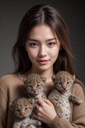 Real portrait photography, Taiwanese beauty, surrounded by several cute jaguar babies, smiling straight ahead, very pretty