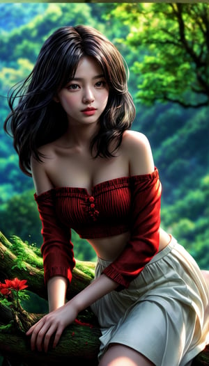 The image features a digitally rendered anime-style artwork, showcasing vibrant colors and detailed character design. The composition centers on a young woman with flowing dark hair, dressed in a red off-shoulder top and a white skirt. She is seated on a fallen tree, holding a red flower. The background depicts a lush, green forest, with mountains and mist visible in the distance. The image evokes a peaceful and serene atmosphere, blending natural beauty with the soft elegance of the character. Details such as the subtle lighting and natural elements enhance the overall harmonious appeal of the scene.