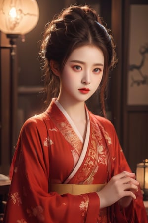 This image is reminiscent of hyper-realistic digital art, possibly by an artist specializing in 3D modeling. The composition features a close-up of a young woman with large, expressive eyes. She is dressed in a traditional red kimono with golden floral patterns, and she's seated on a tatami floor beside a lit lantern. Her makeup is meticulously detailed, with bold red lips and delicate eye shadow. The background includes shoji screens, contributing to a tranquil, classic Japanese interior setting. The lighting is soft, emphasizing her porcelain-like skin and the intricate details of her attire.