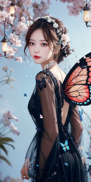 Create a portrait photo that showcases a scene with a fantasy theme. The Taiwanese girl in the photo is wearing a sophisticated black dress with delicate lace details and floral patterns. On her head is a huge floral headdress, with mechanical or stylized butterfly wings extending from the back, decorated with flowers and lights, emitting a mysterious glow.
There are cherry blossom branches in the background, hanging white lights that look like stars or fireflies, and other lighting fixtures that enhance the magical atmosphere of the scene. The entire scene blends elements of nature, technology and fashion to create a visually engaging image.