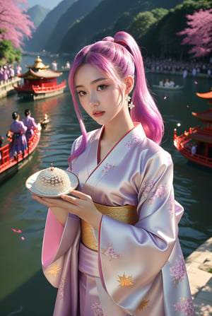 Masterpiece, real photo, (solo) real light and shadow, early morning, HDR backlighting, contour light, long pink and purple hair, twin ponytails, a cute Taiwanese beauty, wearing a gorgeous Japanese kimono, the clothing highlights her perfect body curves, she is holding A plate, a diamond rice dumpling, the background is some people rowing a Chinese dragon-shaped boat on the river, celebrating the Dragon Boat Festival, medium chest, elegant temperament, maple leaf earrings