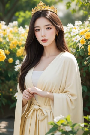 This image showcases a hyper-realistic digital art style created by artificial intelligence. At the center of the composition is a young woman whose features are detailed and realistic, demonstrating advanced digital illustration skills. She wears an elegant, transparent robe trimmed with gold and wears a crown of yellow flowers. Her hair was long and dark, matching her gold accessories. The background depicts lush greenery and large white blooming flowers, enhancing the dreamy and nature-inspired theme. The light is soft and natural, adding a dreamlike quality to the scene. The woman in the painting exudes tranquility and glorious beauty, blending perfectly with the floral surroundings.