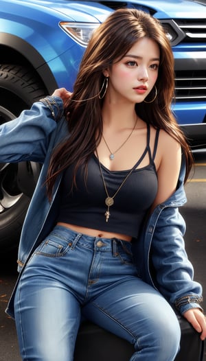 1girl, solo, long hair, looking at viewer, brown hair, long sleeves, brown eyes, jewelry, sitting, earrings, pants, necklace, blurry, sweater, lips, denim, ground vehicle, motor vehicle, jeans, hoop earrings, realistic, blue pants, car, white sweater, hand on own chin