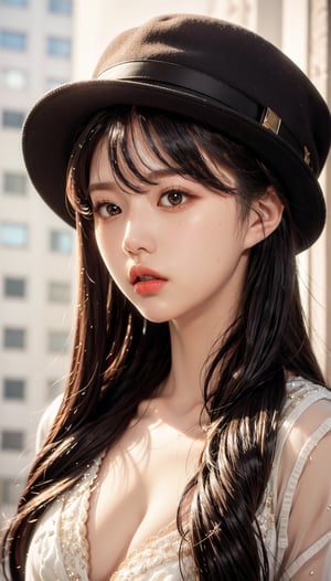 1girl, solo, long hair, looking at viewer, black hair, hat, upper body, parted lips, black eyes, lips, red lips