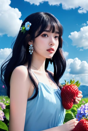 1girl, solo, long hair, looking at viewer, smile, bangs, blue eyes, black hair, hair ornament, dress, bow, jewelry, flower, earrings, outdoors, parted lips, food, sky, sleeveless, day, looking back, cloud, hair flower, blue sky, see-through, petals, floating hair, fruit, sleeveless dress, leaf, cloudy sky, strawberry, hydrangea