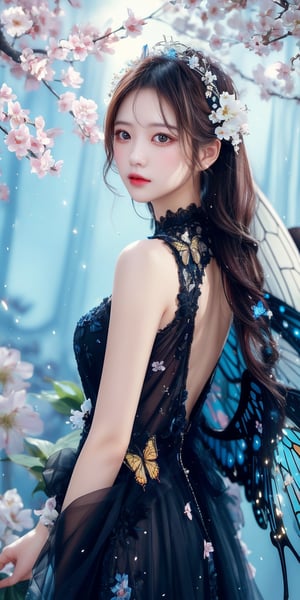 Create a portrait photo that showcases a scene with a fantasy theme. The Taiwanese girl in the photo is wearing a sophisticated black dress with delicate lace details and floral patterns. On her head is a huge floral headdress, with mechanical or stylized butterfly wings extending from the back, decorated with flowers and lights, emitting a mysterious glow.
There are cherry blossom branches in the background, hanging white lights that look like stars or fireflies, and other lighting fixtures that enhance the magical atmosphere of the scene. The entire scene blends elements of nature, technology and fashion to create a visually engaging image.