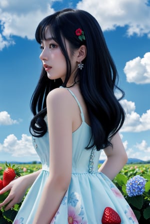 1girl, solo, long hair, looking at viewer, smile, bangs, blue eyes, black hair, hair ornament, dress, bow, jewelry, flower, earrings, outdoors, parted lips, food, sky, sleeveless, day, looking back, cloud, hair flower, blue sky, see-through, petals, floating hair, fruit, sleeveless dress, leaf, cloudy sky, strawberry, hydrangea