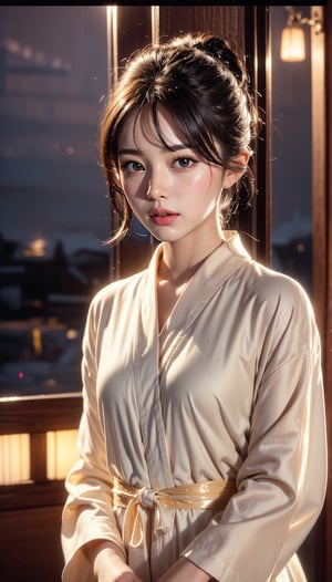 Japanese girl wearing a Japanese bathrobe on a sailboat and looking into the camera at the audience. Pieces, bangs, victory curls, gray eyes, a little m, mouth slightly open, upper teeth, high pubic bone, narrow chin, natural beauty, slender waist, medium chest, small eyes, night photography, night beauty, city lights, starry sky, Astronomical wonders, moonlit mountain views, urban glow, capturing the essence of darkness, ethereal atmosphere, dramatic shadows, magical atmosphere, long exposure techniques, expert use of light sources
