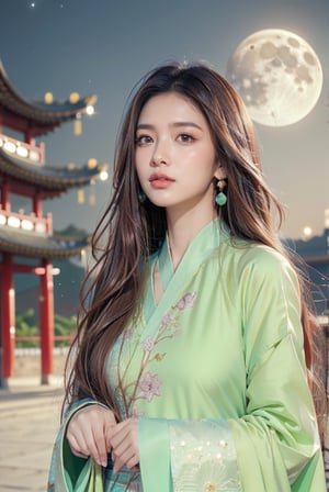 1girl, solo, long hair, looking at viewer, brown hair, hair ornament, long sleeves, dress, jewelry, closed mouth, upper body, earrings, outdoors, sky, wide sleeves, blurry, night, chinese clothes, moon, night sky, full moon, realistic, architecture, east asian architecture, hanfu