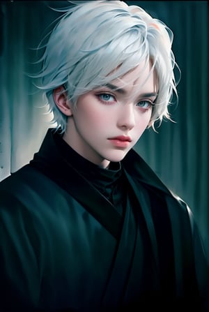 This image showcases a hyper-realistic digital artwork, possibly created by a contemporary artist. The composition features a close-up portrait of a young individual with striking white hair and a serene expression. The subject's hand is gently touching their forehead, adding an intimate and contemplative feel to the image. The background is a simple gradient, shifting from light to dark hues, which emphasizes the subject's features. Dressed in a high-collared black garment, the subject stands out prominently against the subdued backdrop. Skin tones are soft and meticulously detailed, highlighting the artist's skill in realism. The overall effect is ethereal, with a focus on fine details and smooth textures.