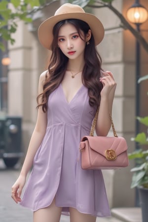 Portrait photography, a Taiwanese girl, looking at the camera, wearing a champagne purple ARMANI dress, a Harper's hat, holding a bag of the same color from the boutique brand CHANEL, GUCCI shoes on her feet, a refreshing and casual private dress, exuding all over her body A girly look