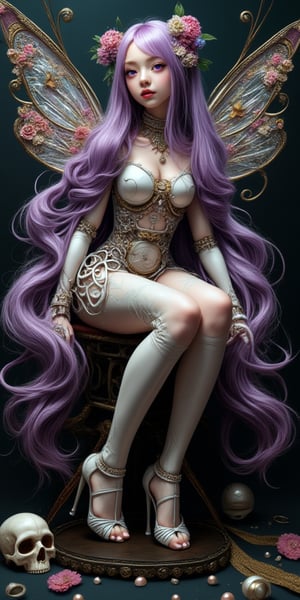 This image features a highly detailed, surreal art style with steampunk and cybernetic elements. The artist's attention to intricate details and textures stands out in the composition. The subject is a robotic-like fairy girl with long, flowing purple hair, seated with her legs drawn up. Her body integrates mechanical parts, gears, and wires, blending seamlessly with organic elements. She has luminous, large purple eyes and iridescent wings adorned with jewels and floral designs. The background is dark, accentuating the subject and highlighting the complexity of her form. Pearls, flowers, and small skulls are scattered throughout, adding a touch of whimsy and mystery to the scene.