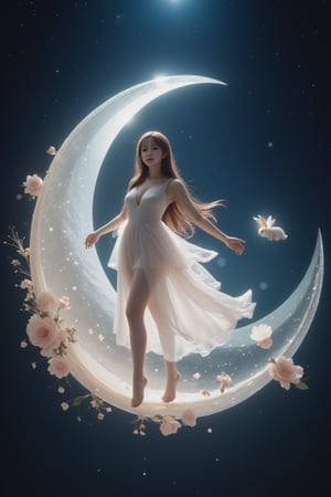 This is a portrait photo of a petite Japanese beauty with flowing hair and gorgeous and exquisite clothing. The image focuses on a fairy-like female character standing gracefully on a crescent moon made of transparent, luminous material. There are delicate floral and celestial elements surrounding it, including an adorable flying bunny. The background is a dark void filled with stars, highlighting the brilliance of the moon and the characters. Details like her translucent skirt, fairy wings, floral prints and flowing bubbles create a dreamy, magical atmosphere.