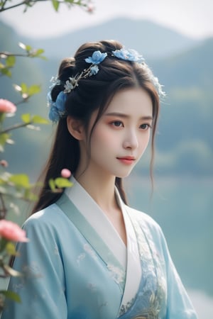 The image features a visually enchanting digital art style, possibly produced by a modern artist specializing in hyperrealistic or semi-realistic digital portraits. The composition centers on a young woman with an intricate hairstyle adorned with blue floral ornaments. She wears traditional Chinese Hanfu with soft blue and green hues and delicate floral embroidery. The background depicts a serene, blurry natural setting with mountains and a body of water. Pink flowers on the left side add a touch of additional color and detail. The subject's gentle smile and soft features contribute to the overall calm and picturesque ambiance of the artwork.