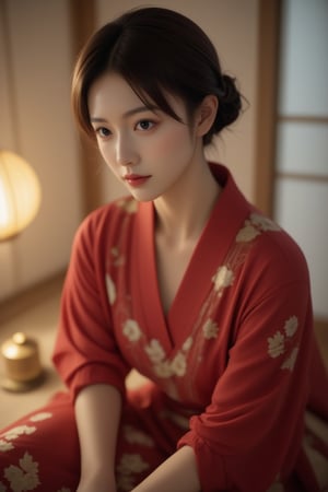 This image is reminiscent of hyper-realistic digital art, possibly by an artist specializing in 3D modeling. The composition features a close-up of a young woman with large, expressive eyes. She is dressed in a traditional red kimono with golden floral patterns, and she's seated on a tatami floor beside a lit lantern. Her makeup is meticulously detailed, with bold red lips and delicate eye shadow. The background includes shoji screens, contributing to a tranquil, classic Japanese interior setting. The lighting is soft, emphasizing her porcelain-like skin and the intricate details of her attire.