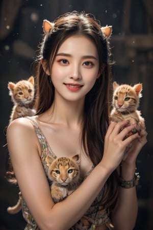 Real portrait photography, Taiwanese beauty, surrounded by several cute jaguar babies, smiling straight ahead, very pretty