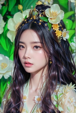 This image showcases a hyper-realistic digital art style created by artificial intelligence. At the center of the composition is a young woman whose features are detailed and realistic, demonstrating advanced digital illustration skills. She wears an elegant, transparent robe trimmed with gold and wears a crown of yellow flowers. Her hair was long and dark, matching her gold accessories. The background depicts lush greenery and large white blooming flowers, enhancing the dreamy and nature-inspired theme. The light is soft and natural, adding a dreamlike quality to the scene. The woman in the painting exudes tranquility and glorious beauty, blending perfectly with the floral surroundings.