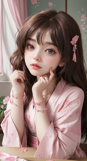 1girl, solo, looking at viewer, brown hair, bow, brown eyes, jewelry, closed mouth, hair bow, japanese clothes, indoors, kimono, blurry, bracelet, lips, depth of field, blurry background, floral print, table, pink bow, head rest, realistic, pink kimono