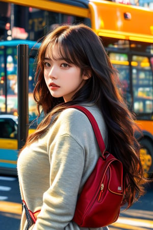 This digital artwork features a hyper-realistic style, with meticulous attention to detail and vibrant colors. It appears to depict a young woman with long, flowing dark hair and a contemplative expression, leaning against a street-side bus stop. She carries a red backpack over her shoulder and is dressed casually in a light-colored sweater. The background showcases a bustling urban street scene with buses in motion and blurred signage, capturing a transient everyday moment in the city. Sunlight and shadows play across the scene, adding depth and dimension. The artist effectively uses soft focus and warm, natural lighting to give the scene a dreamy, lifelike quality.