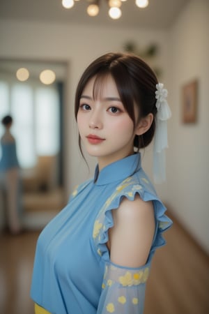 This is a portrait photography work. The focus of the composition is a young Taiwanese woman wearing a blue outfit with yellow patterns, similar to Chun-Li from the Street Fighter series. She has big eyes, pink cheeks, and a white silk hair ornament. The subject has a cheerful expression and is positioned centrally with her face close to the camera. The backdrop is a well-lit room with a large mirror that reflects parts of her outfit, including her ruffled sleeves. The rooms have a cozy atmosphere with light walls and wooden floors. Artwork hangs on the outer walls, adding a touch of home.