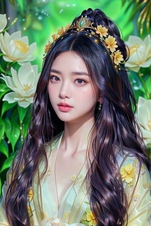 This image showcases a hyper-realistic digital art style created by artificial intelligence. At the center of the composition is a young woman whose features are detailed and realistic, demonstrating advanced digital illustration skills. She wears an elegant, transparent robe trimmed with gold and wears a crown of yellow flowers. Her hair was long and dark, matching her gold accessories. The background depicts lush greenery and large white blooming flowers, enhancing the dreamy and nature-inspired theme. The light is soft and natural, adding a dreamlike quality to the scene. The woman in the painting exudes tranquility and glorious beauty, blending perfectly with the floral surroundings.