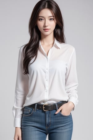 a stunning girl, solo, long hair, looking at viewer, simple background, brown hair, shirt, white shirt, parted lips, collared shirt, belt, pants, grey background, lips, denim, jeans, realistic