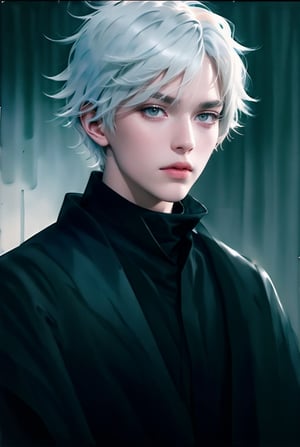 This image showcases a hyper-realistic digital artwork, possibly created by a contemporary artist. The composition features a close-up portrait of a young individual with striking white hair and a serene expression. The subject's hand is gently touching their forehead, adding an intimate and contemplative feel to the image. The background is a simple gradient, shifting from light to dark hues, which emphasizes the subject's features. Dressed in a high-collared black garment, the subject stands out prominently against the subdued backdrop. Skin tones are soft and meticulously detailed, highlighting the artist's skill in realism. The overall effect is ethereal, with a focus on fine details and smooth textures.