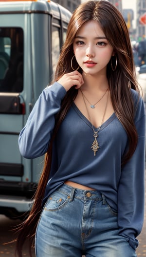 1girl, solo, long hair, looking at viewer, brown hair, long sleeves, brown eyes, jewelry, sitting, earrings, pants, necklace, blurry, sweater, lips, denim, ground vehicle, motor vehicle, jeans, hoop earrings, realistic, blue pants, car, white sweater, hand on own chin