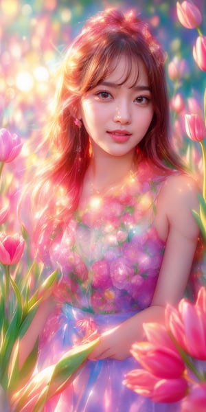absurdres,  highres,  ultra detailed,  (1girl:1.3), smile , sunlight , lens flare reflection,lomography,  analog photography,  vibrant colors,  soft focus,  light leaks,  dreamy atmosphere,  experimental charm,  nostalgic appeal, looking into the viewer, tulips flower farm in bg, holding 1 tulip flower in right hand, perfect fingers,1 girl,Korean