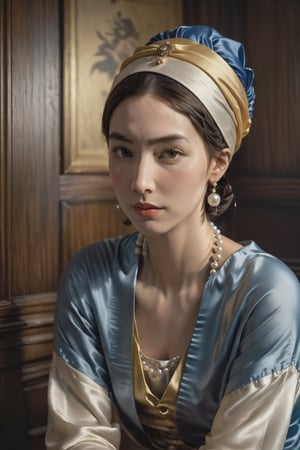 The art style in this image emulates a realistic painting with a modern touch. The artist skillfully uses light and shadow to create depth. The composition features a young woman with luminous skin, wearing a blue turban adorned with pearls and a pearl earring, which references Vermeer's "Girl with a Pearl Earring." She gazes softly to the side, framed by wooden paneling in the background that allows natural light to highlight her features. Her attire is traditional with a yellow shawl and white blouse. The background is warm and minimalist, focusing attention on her serene expression and intricate headwear, enhancing the classical and timeless feel of the portrait.