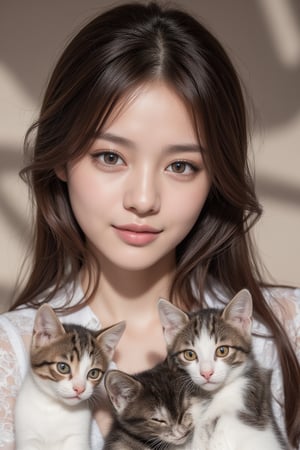 Real portrait photography, Taiwanese beauty, surrounded by several cute baby fold-eared cats, smiling straight ahead, very beautiful