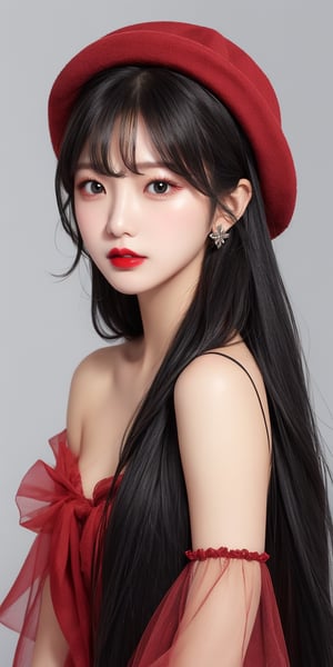 1girl, solo, long hair, looking at viewer, black hair, hat, upper body, parted lips, black eyes, lips, red lips