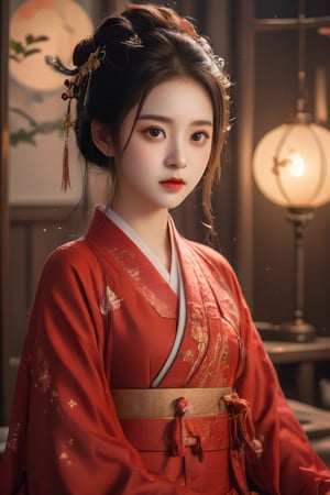 This image is reminiscent of hyper-realistic digital art, possibly by an artist specializing in 3D modeling. The composition features a close-up of a young woman with large, expressive eyes. She is dressed in a traditional red kimono with golden floral patterns, and she's seated on a tatami floor beside a lit lantern. Her makeup is meticulously detailed, with bold red lips and delicate eye shadow. The background includes shoji screens, contributing to a tranquil, classic Japanese interior setting. The lighting is soft, emphasizing her porcelain-like skin and the intricate details of her attire.