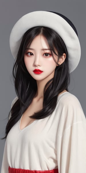 1girl, solo, long hair, looking at viewer, black hair, hat, upper body, parted lips, black eyes, lips, red lips