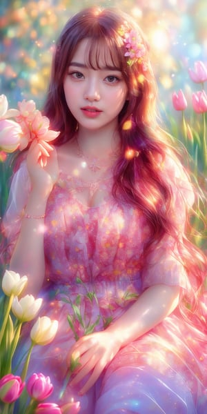 absurdres,  highres,  ultra detailed,  (1girl:1.3), smile , sunlight , lens flare reflection,lomography,  analog photography,  vibrant colors,  soft focus,  light leaks,  dreamy atmosphere,  experimental charm,  nostalgic appeal, looking into the viewer, tulips flower farm in bg, holding 1 tulip flower in right hand, perfect fingers,1 girl,Korean