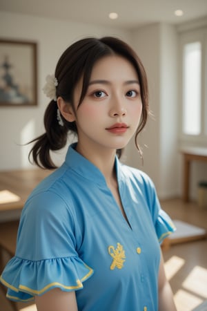 This is a portrait photography work. The focus of the composition is a young Taiwanese woman wearing a blue outfit with yellow patterns, similar to Chun-Li from the Street Fighter series. She has big eyes, pink cheeks, and a white silk hair ornament. The subject has a cheerful expression and is positioned centrally with her face close to the camera. The backdrop is a well-lit room with a large mirror that reflects parts of her outfit, including her ruffled sleeves. The rooms have a cozy atmosphere with light walls and wooden floors. Artwork hangs on the outer walls, adding a touch of home.