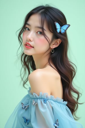 This highly realistic image appears to be a digital illustration by an unknown artist. The composition features a young woman gazing over her bare shoulder, her long, wavy hair adorned with a blue butterfly clip. She wears a light blue off-shoulder dress embellished with butterfly motifs. The background is a soft pastel green, providing a simple, clean contrast to the detailed focal subject. The image evokes an ethereal, fairy-tale-like quality with its delicate colors and intricate details. The subtle lighting accentuates the smooth texture and luminous quality of the subject's skin, making the overall visual serene and captivating.