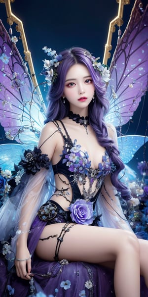 This image features a highly detailed, surreal art style with steampunk and cybernetic elements. The artist's attention to intricate details and textures stands out in the composition. The subject is a robotic-like fairy girl with long, flowing purple hair, seated with her legs drawn up. Her body integrates mechanical parts, gears, and wires, blending seamlessly with organic elements. She has luminous, large purple eyes and iridescent wings adorned with jewels and floral designs. The background is dark, accentuating the subject and highlighting the complexity of her form. Pearls, flowers, and small skulls are scattered throughout, adding a touch of whimsy and mystery to the scene.