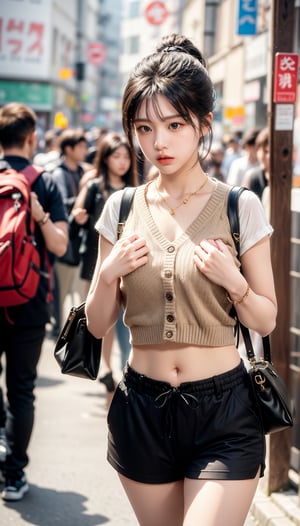 A Taiwanese girl, 20 years old, beautiful, with long black hair (ponytail hairstyle), face covered with sweat, wearing a knitted vest, navel-baring top, and shorts, walking on the old street, carrying a girl's bag and wearing a gold necklace. Hands raised to tie hair, traditional shops lining the streets, some passengers, sunlight shining, realistic photos, film grain.