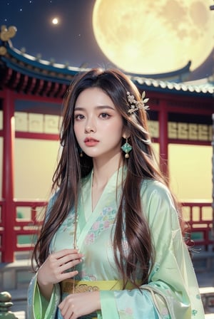 1girl, solo, long hair, looking at viewer, brown hair, hair ornament, long sleeves, dress, jewelry, closed mouth, upper body, earrings, outdoors, sky, wide sleeves, blurry, night, chinese clothes, moon, night sky, full moon, realistic, architecture, east asian architecture, hanfu