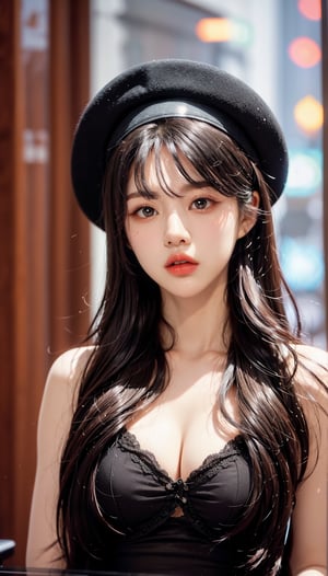 1girl, solo, long hair, looking at viewer, black hair, hat, upper body, parted lips, black eyes, lips, red lips