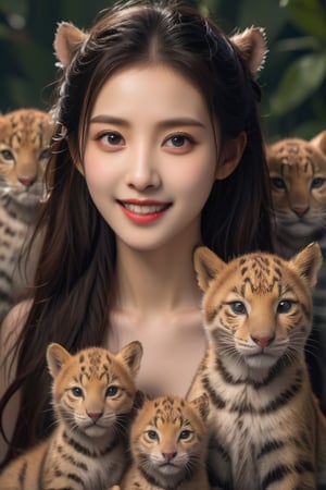 Real portrait photography, Taiwanese beauty, surrounded by several cute jaguar babies, smiling straight ahead, very pretty