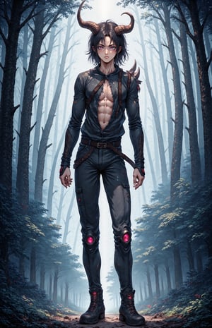 Midjourney_Whisper,Hsiextah,
BREAK,
 Middle body,solo,a man, black hair,horns, black chaket, black pants,  black boots,pink eyes,
 BREAK,
Alien forest background, detailed face , standing ,walking,crossed arms , up looking, 