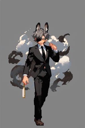 highly detailed, high quality, beautiful, (medium long shot), 1 boy alone looking straight ahead, (brown eyes, dark gray hair, mixed skin, tender, black suit, gray tie, rabbit mask without an eye with short ears, Chinese landscape ,