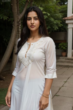 There a woman isma young beautiful Indian woman, face features like Katrina Kaif, Standing looking into the camera, portrait causal photo, Realism, Realism, Portrait ,Raw photo, wearing indian tradition kurta pyzama