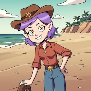 score_9, score_8_up, score_7_up, 1 teen girl, Amity Blight, short purple hair, pointy ears, brown cowboy outfit, belt, yellow eyes, cowboy hat, slight smile, looking at viewer, beach background, cartoon,