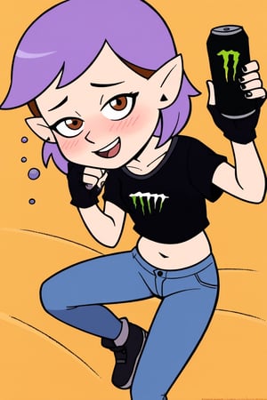score_9, score_8_up, score_7_up, 1 teen girl, Amity Blight, short purple hair, messy hair, brown eyes, pointy ears, black tshirt with monster energy logo, blue flare jeans, cleavage, black cap with monster energy logo, belly, navel, fingerless gloves, looking at viewer, drunk, blushing, cartoon